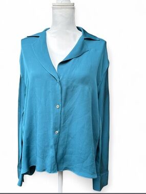 Vince Teal Button-Front Silk Blouse